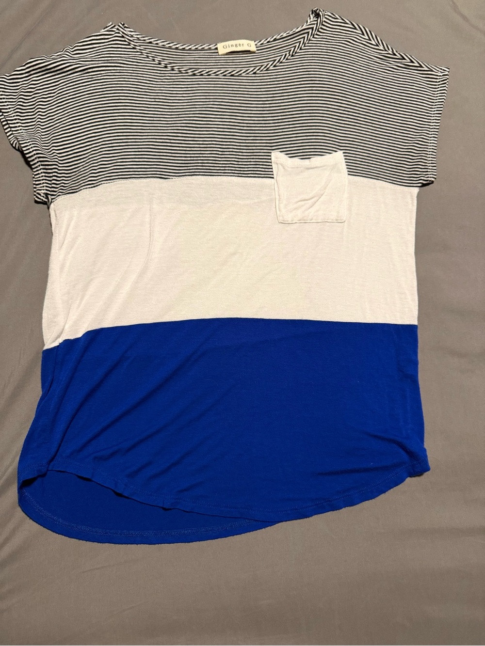Ginger G Striped Colorblock Pocket Tee in Black, White & Blue